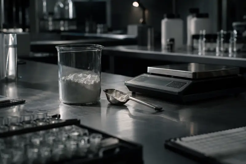 Laboratory bench with a beaker of white powder and a precision scale